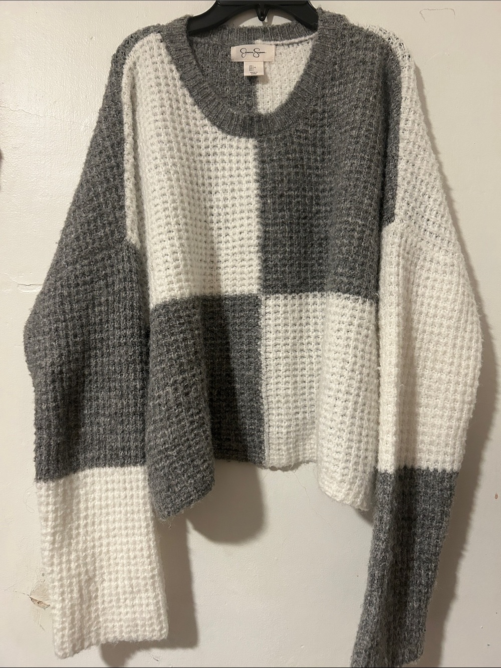 Jessica Simpson Gray and White Block Waffle Knit Crewneck Sweater